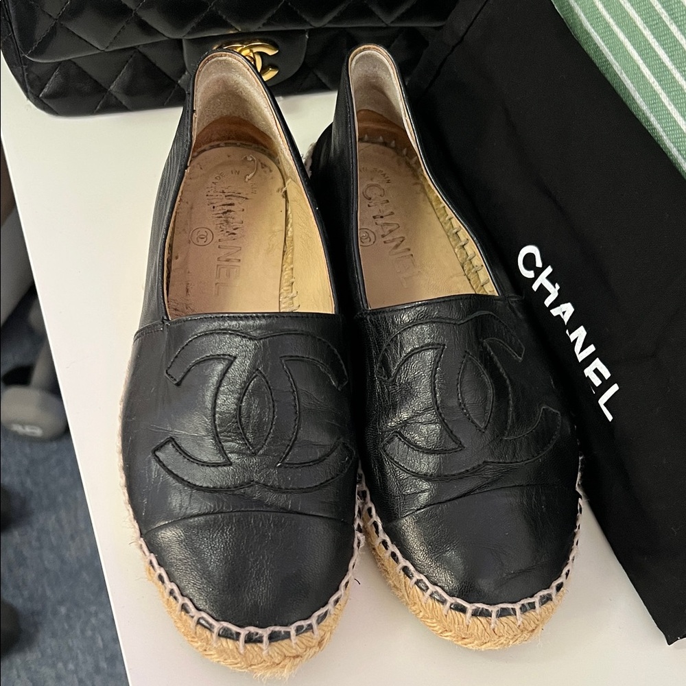 CHANEL Black Leather Espadrilles
